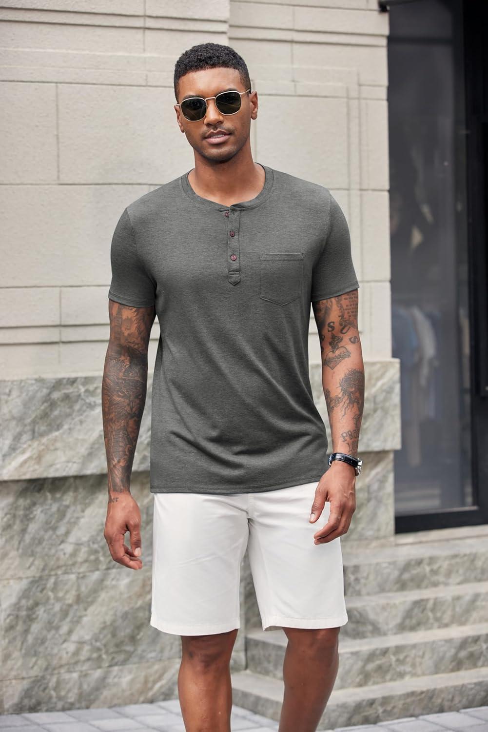 imageCOOFANDY Mens Short Sleeve Henley TShirtDark Grey