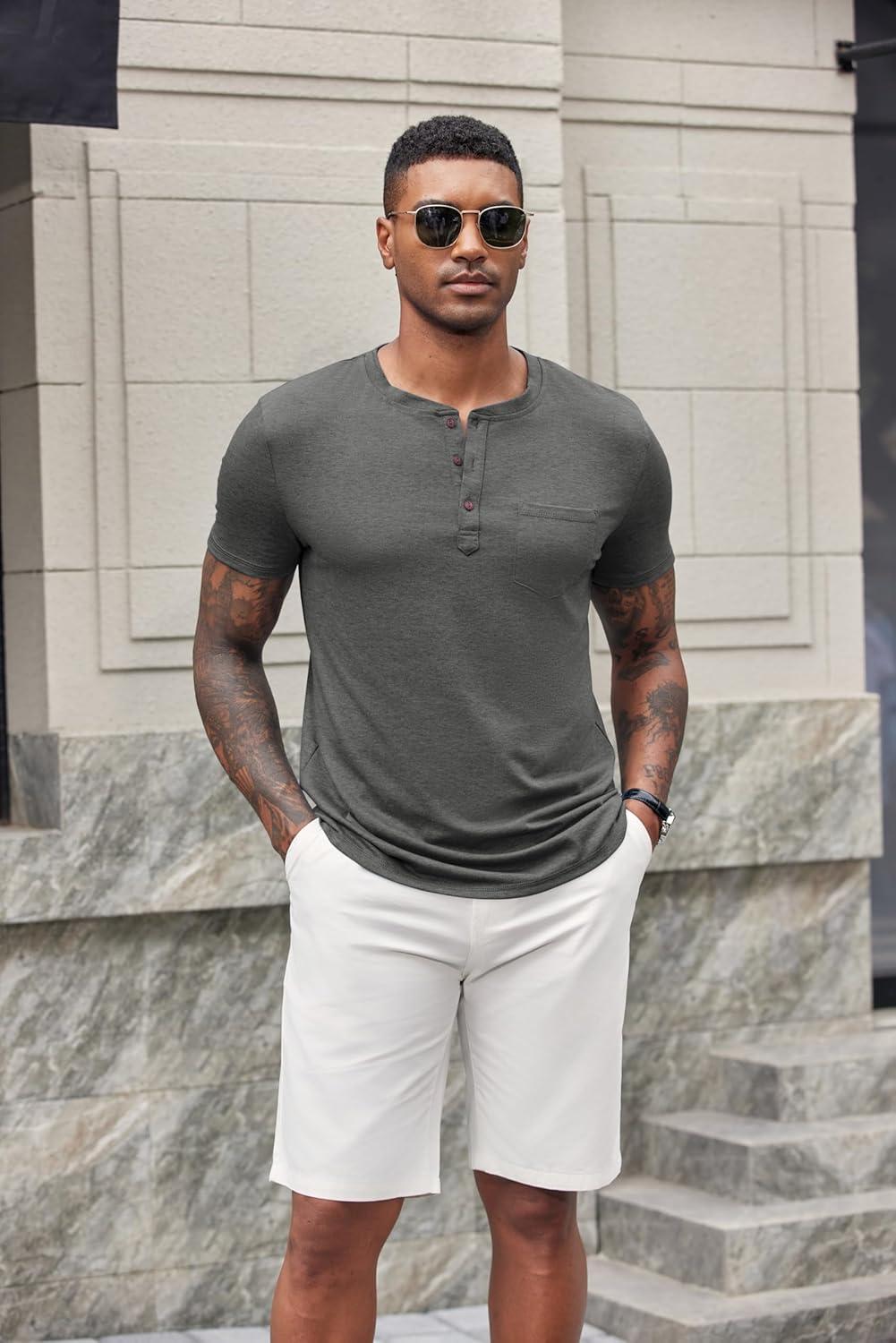 imageCOOFANDY Mens Short Sleeve Henley TShirtDark Grey