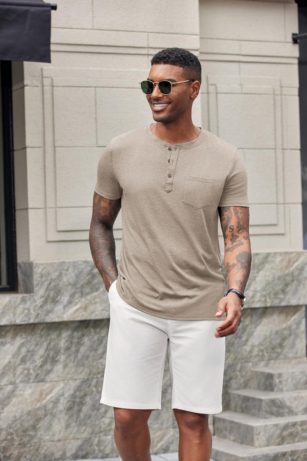 imageCOOFANDY Mens Short Sleeve Henley TShirtDark Khaki