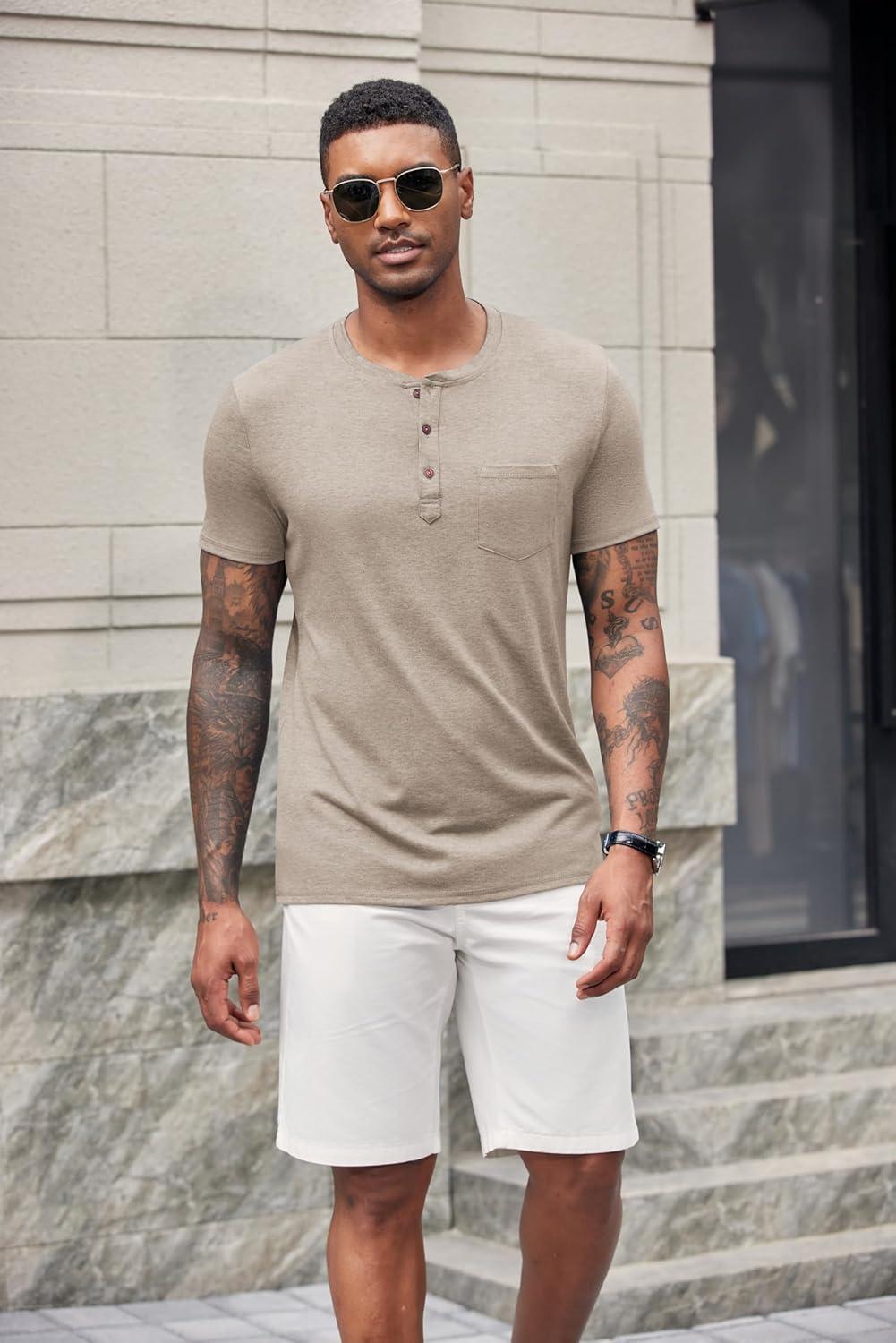 imageCOOFANDY Mens Short Sleeve Henley TShirtDark Khaki