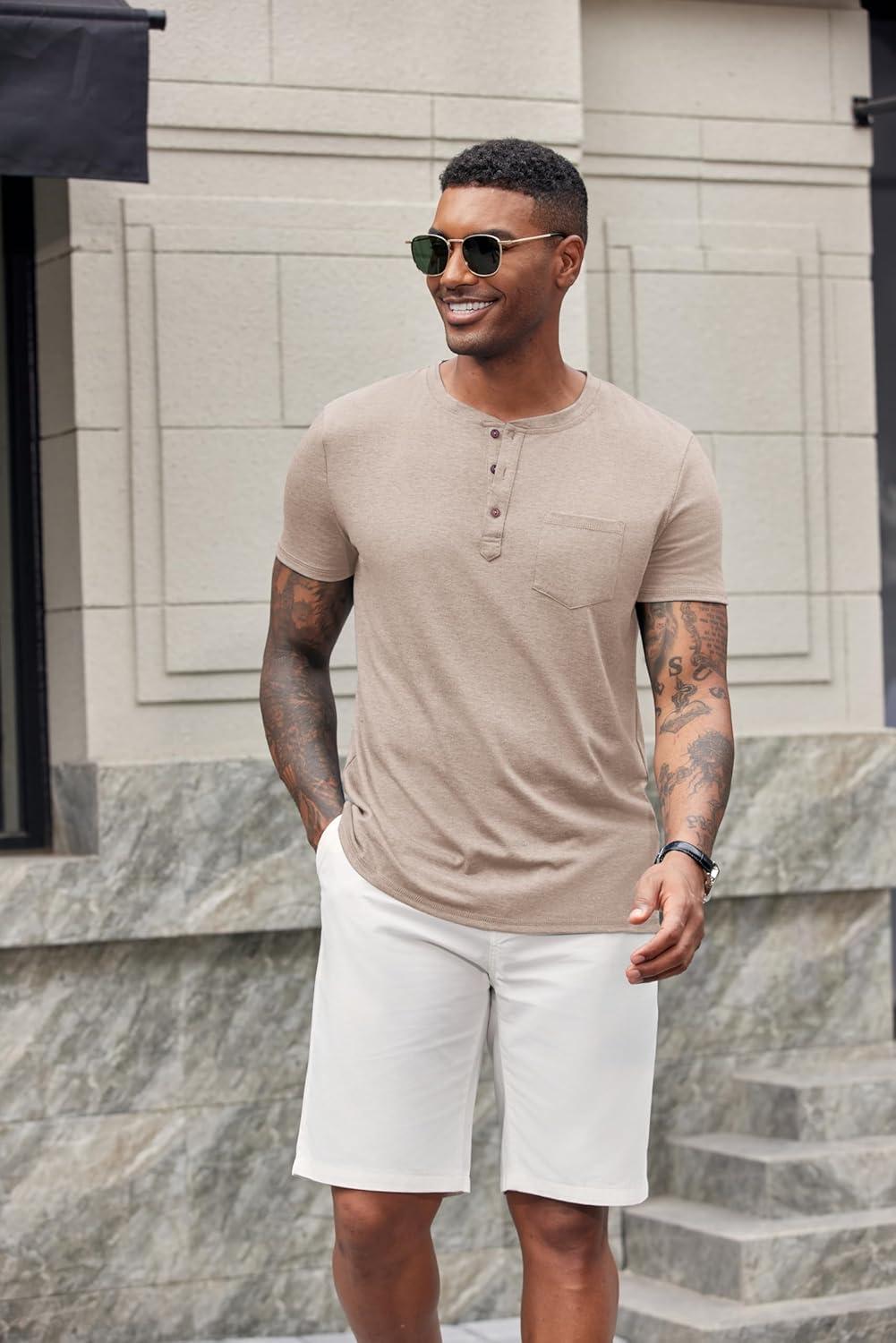 imageCOOFANDY Mens Short Sleeve Henley TShirtKhaki