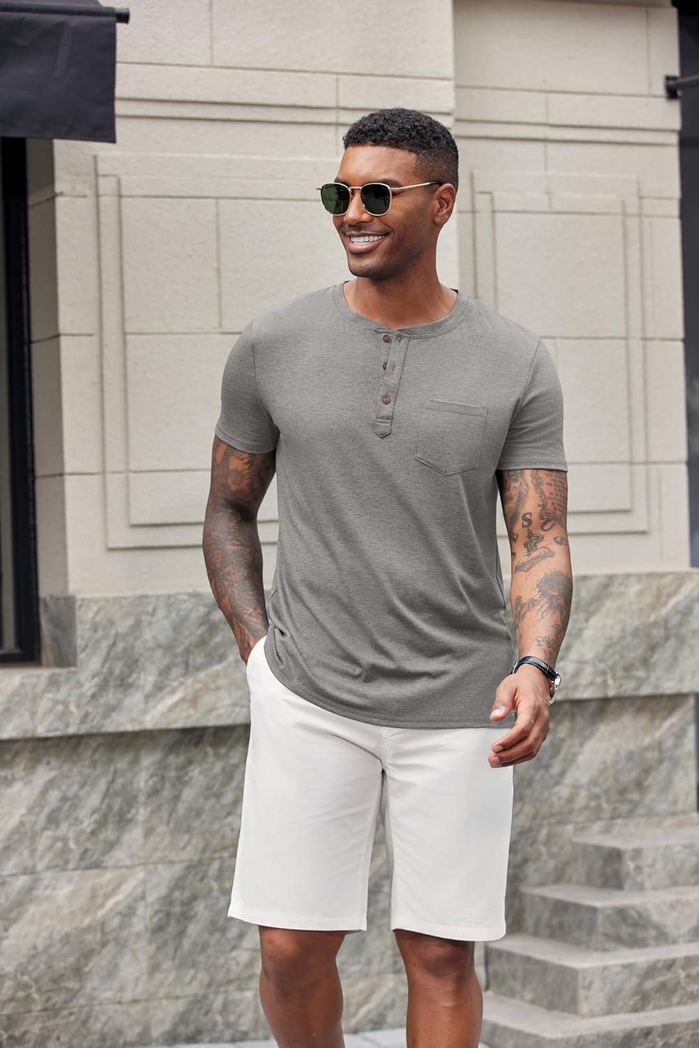 imageCOOFANDY Mens Short Sleeve Henley TShirtLight Grey