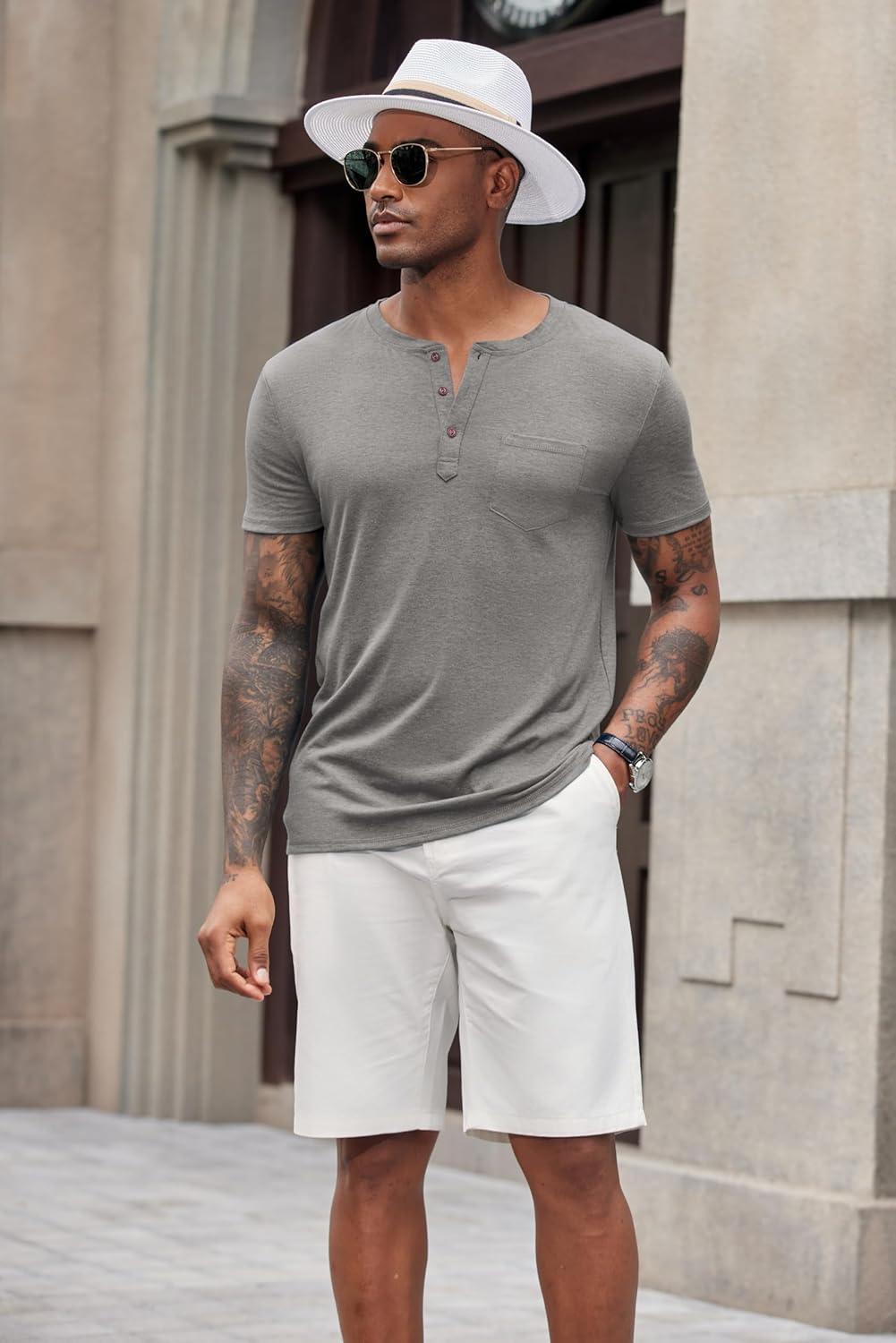 imageCOOFANDY Mens Short Sleeve Henley TShirtLight Grey