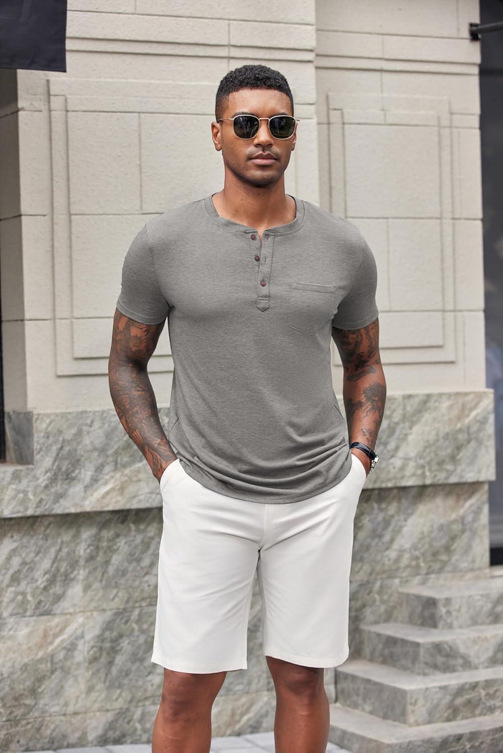 imageCOOFANDY Mens Short Sleeve Henley TShirtLight Grey