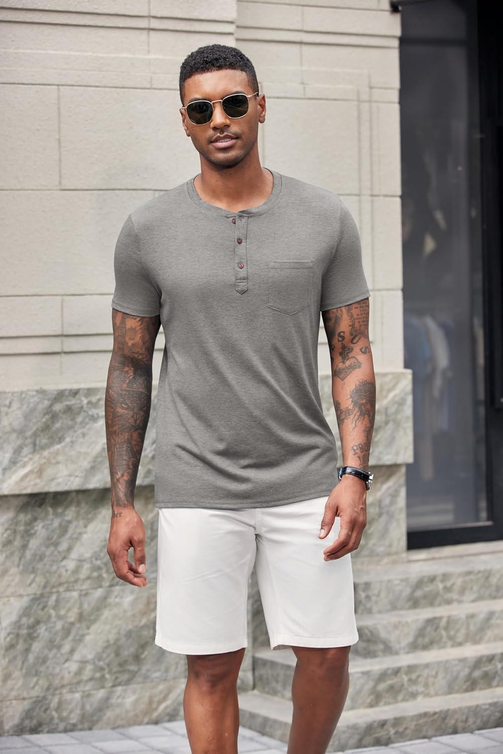 imageCOOFANDY Mens Short Sleeve Henley TShirtLight Grey