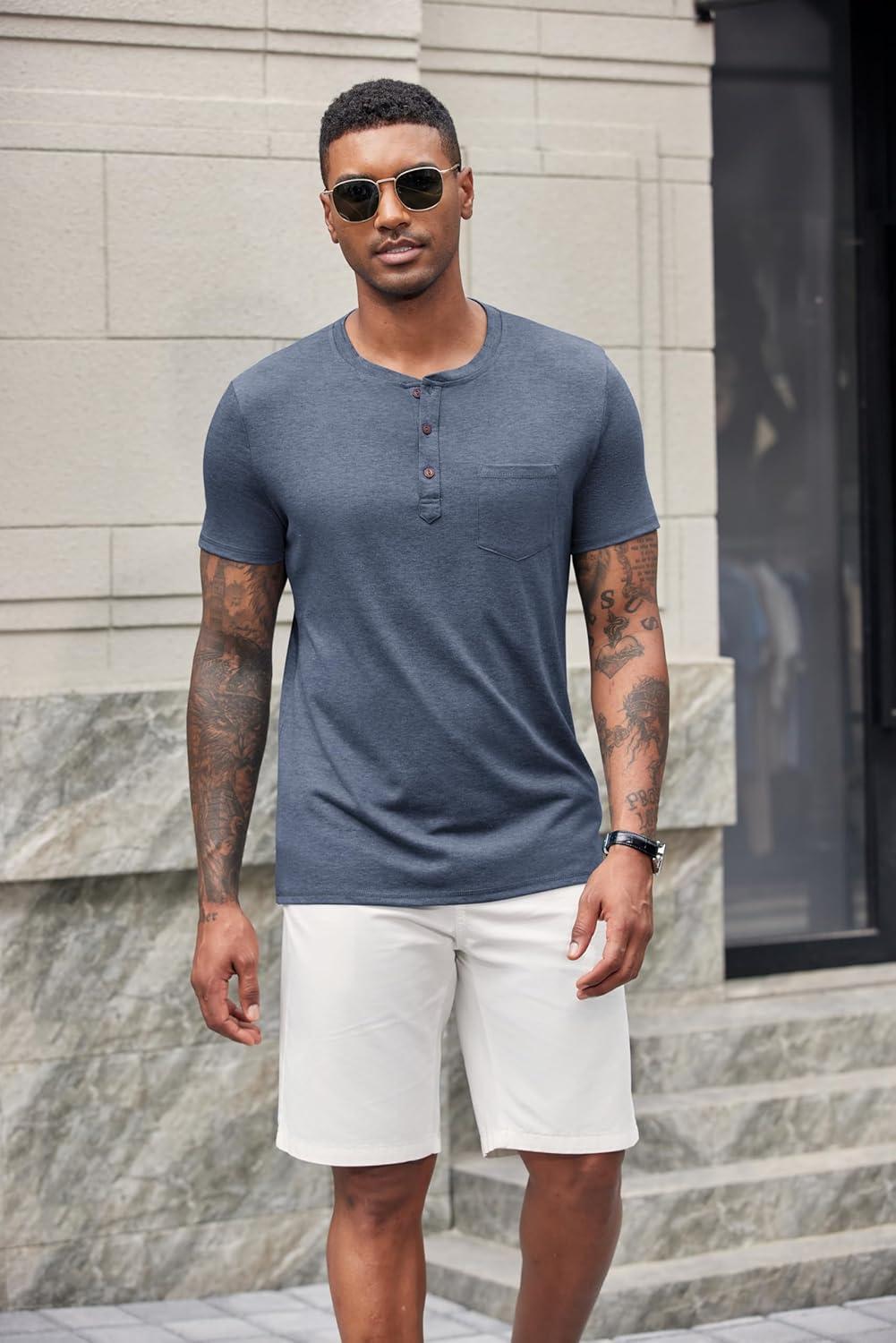 imageCOOFANDY Mens Short Sleeve Henley TShirtNavy Blue
