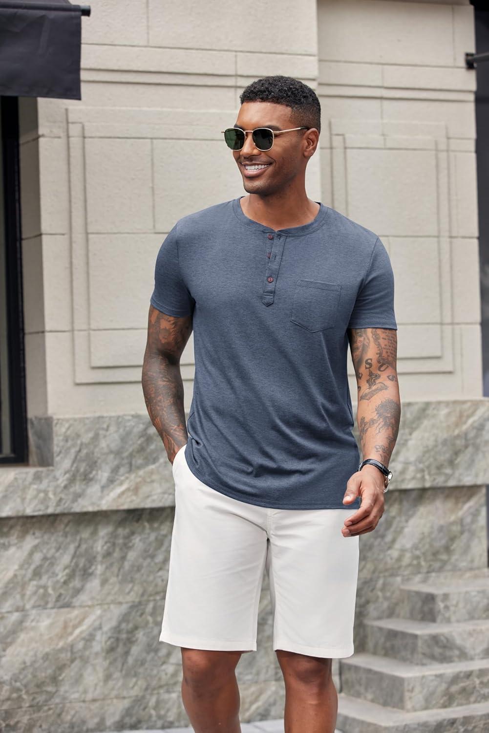 imageCOOFANDY Mens Short Sleeve Henley TShirtNavy Blue