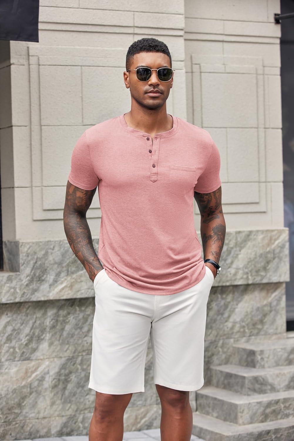 imageCOOFANDY Mens Short Sleeve Henley TShirtPink