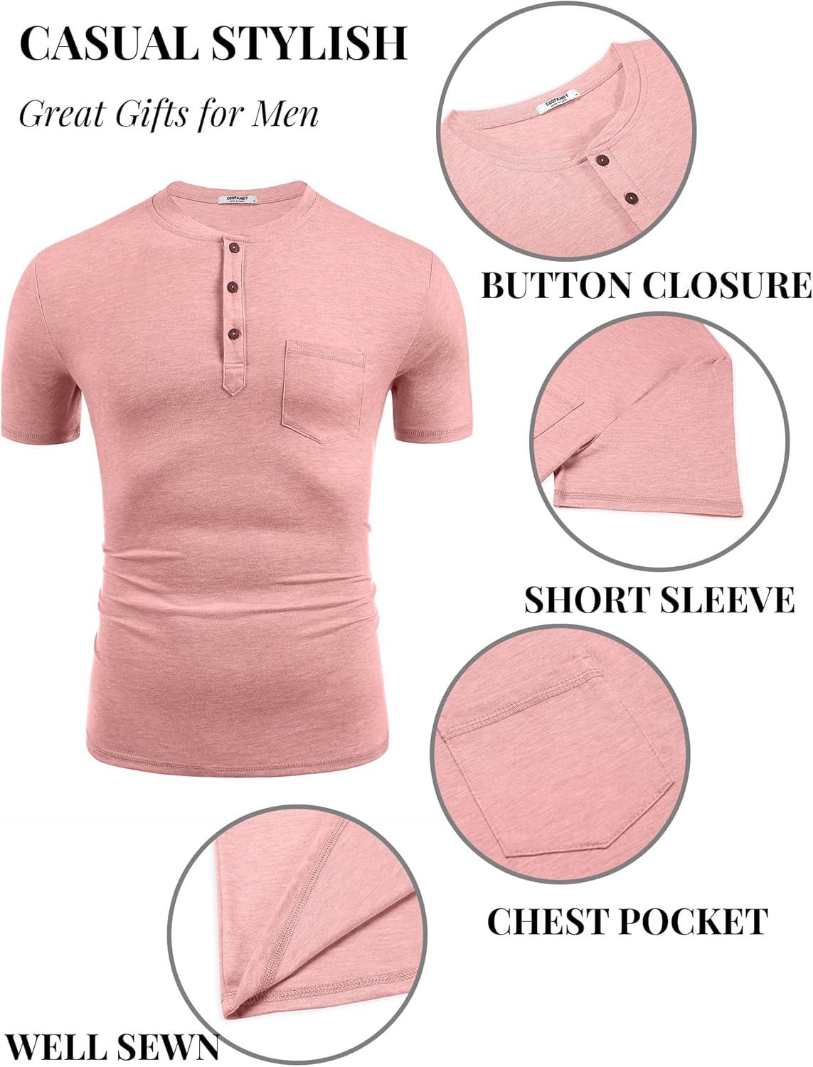 imageCOOFANDY Mens Short Sleeve Henley TShirtPink