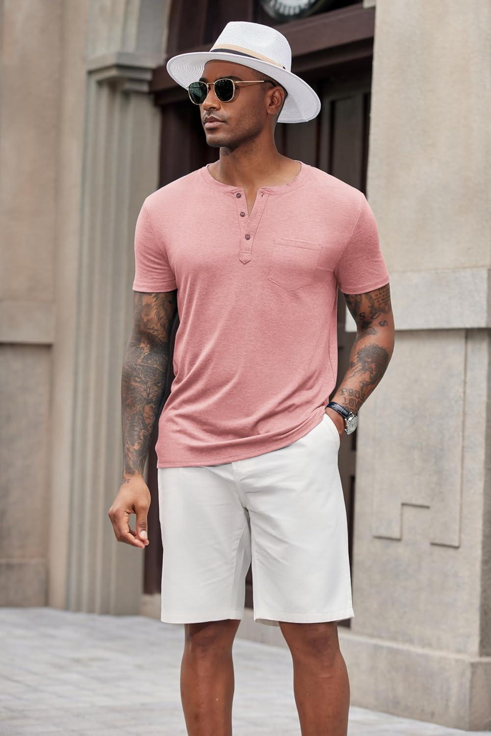 imageCOOFANDY Mens Short Sleeve Henley TShirtPink