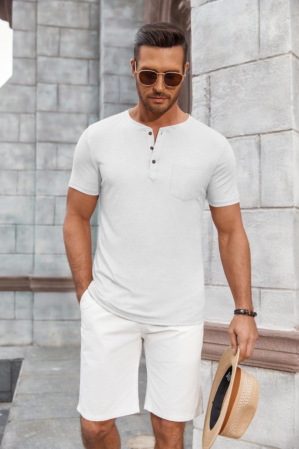 imageCOOFANDY Mens Short Sleeve Henley TShirtWhite