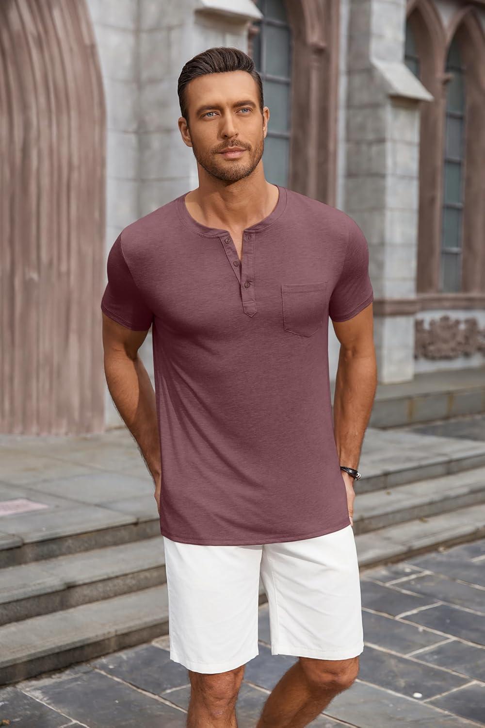 imageCOOFANDY Mens Short Sleeve Henley TShirtWine Red