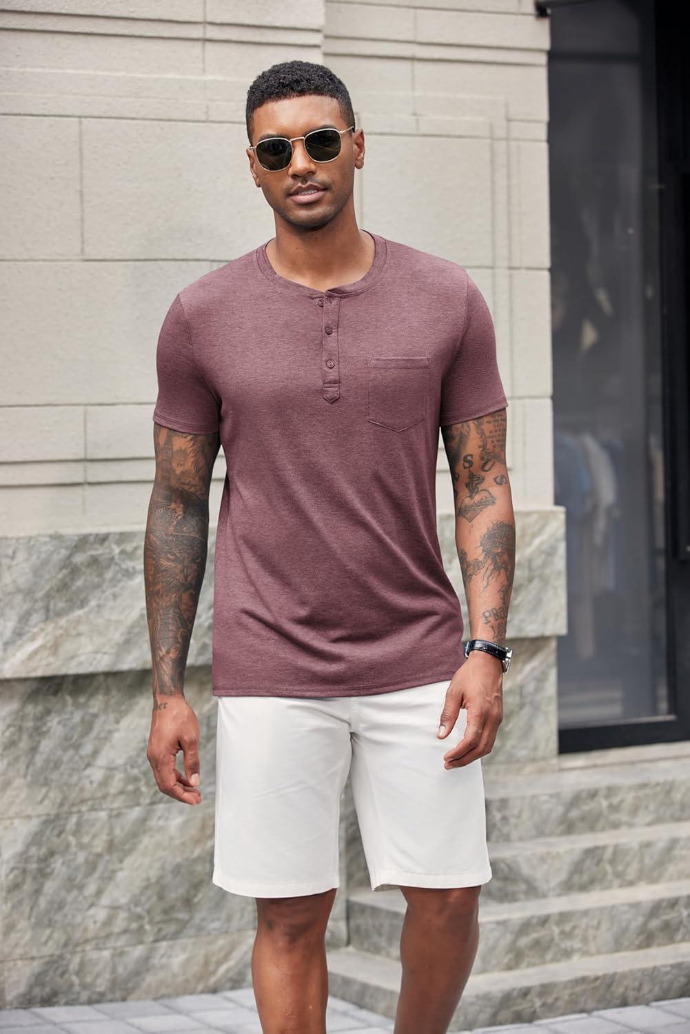 imageCOOFANDY Mens Short Sleeve Henley TShirtWine Red