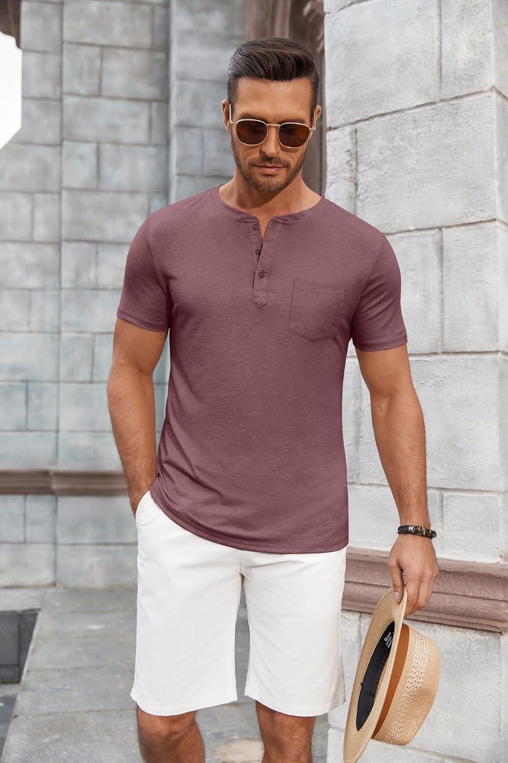 imageCOOFANDY Mens Short Sleeve Henley TShirtWine Red
