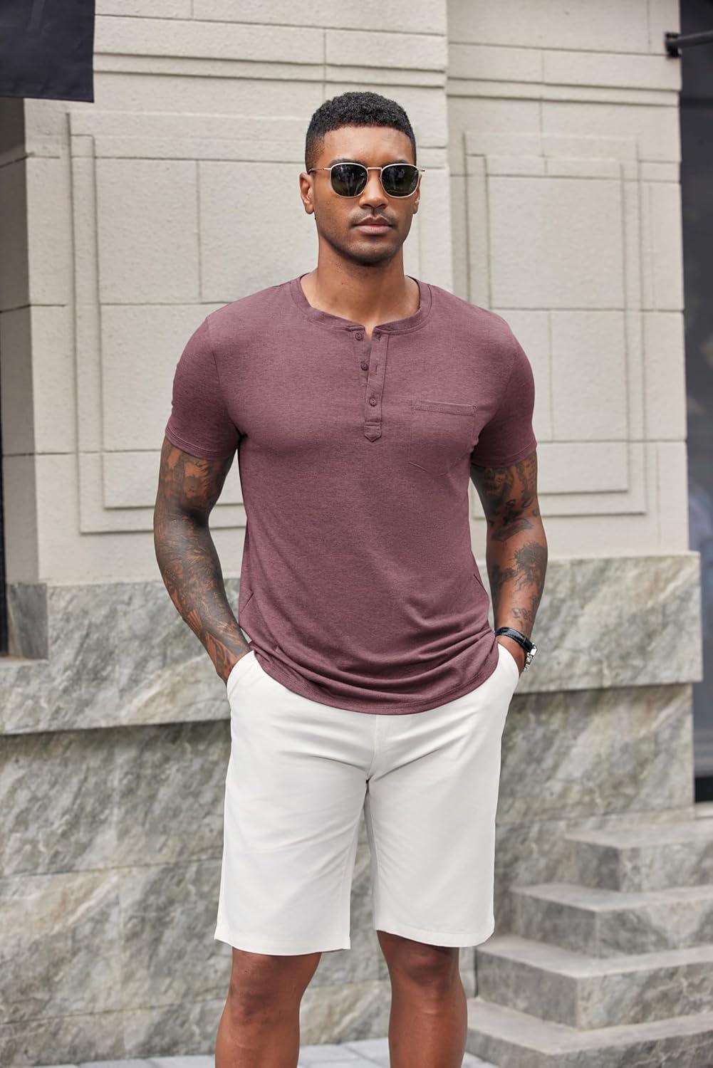 imageCOOFANDY Mens Short Sleeve Henley TShirtWine Red