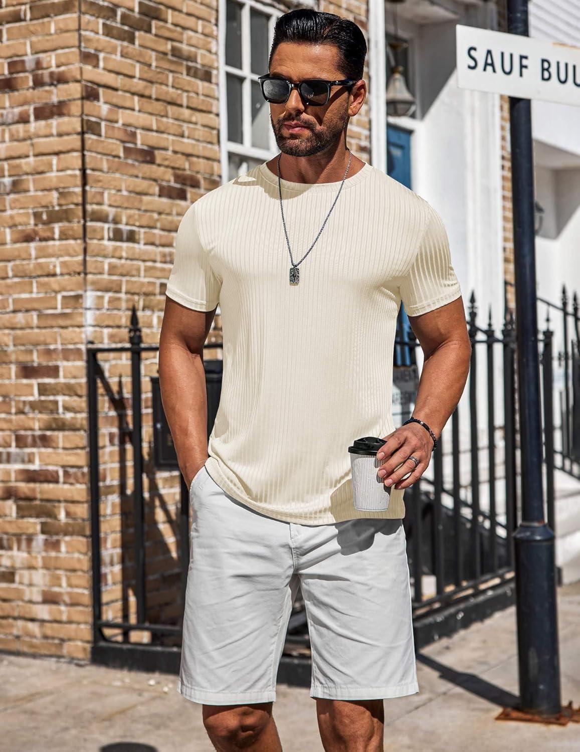 imageCOOFANDY Mens TShirts Short Sleeve Plain Tshirts Casual Crew Neck Basic T Shirt Soft Cooling Fitted Stretch Tee ShirtsBeige