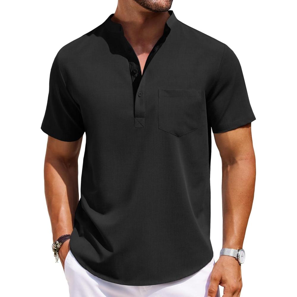 imageCOOFANDY Mens Casual Henley Shirts Band Collar Short Sleeve TShirts Summer Stylish Beach Hippie ShirtBlack