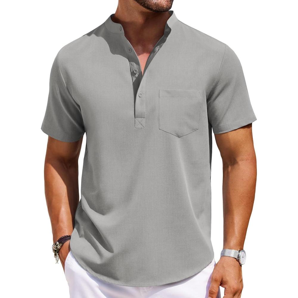 imageCOOFANDY Mens Casual Henley Shirts Band Collar Short Sleeve TShirts Summer Stylish Beach Hippie ShirtLight Grey