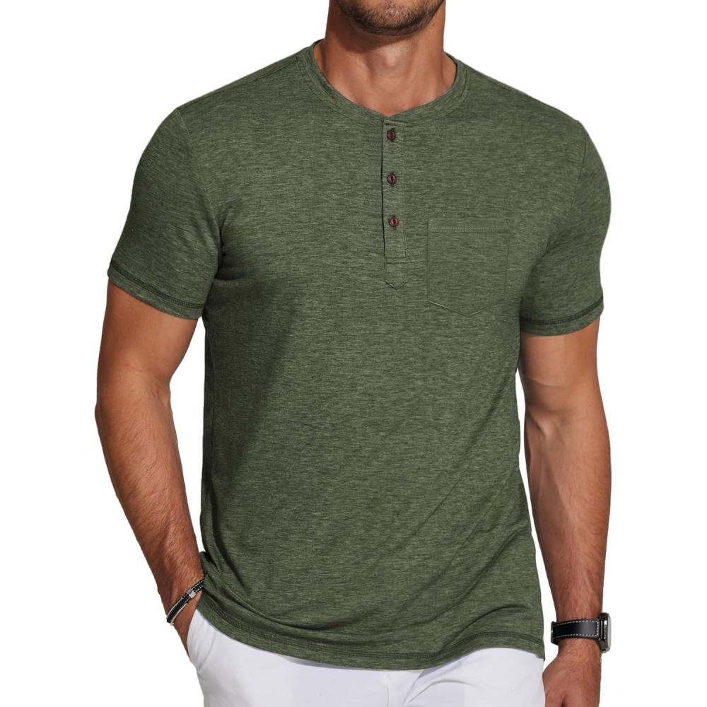 imageCOOFANDY Mens Short Sleeve Henley TShirtArmy Green