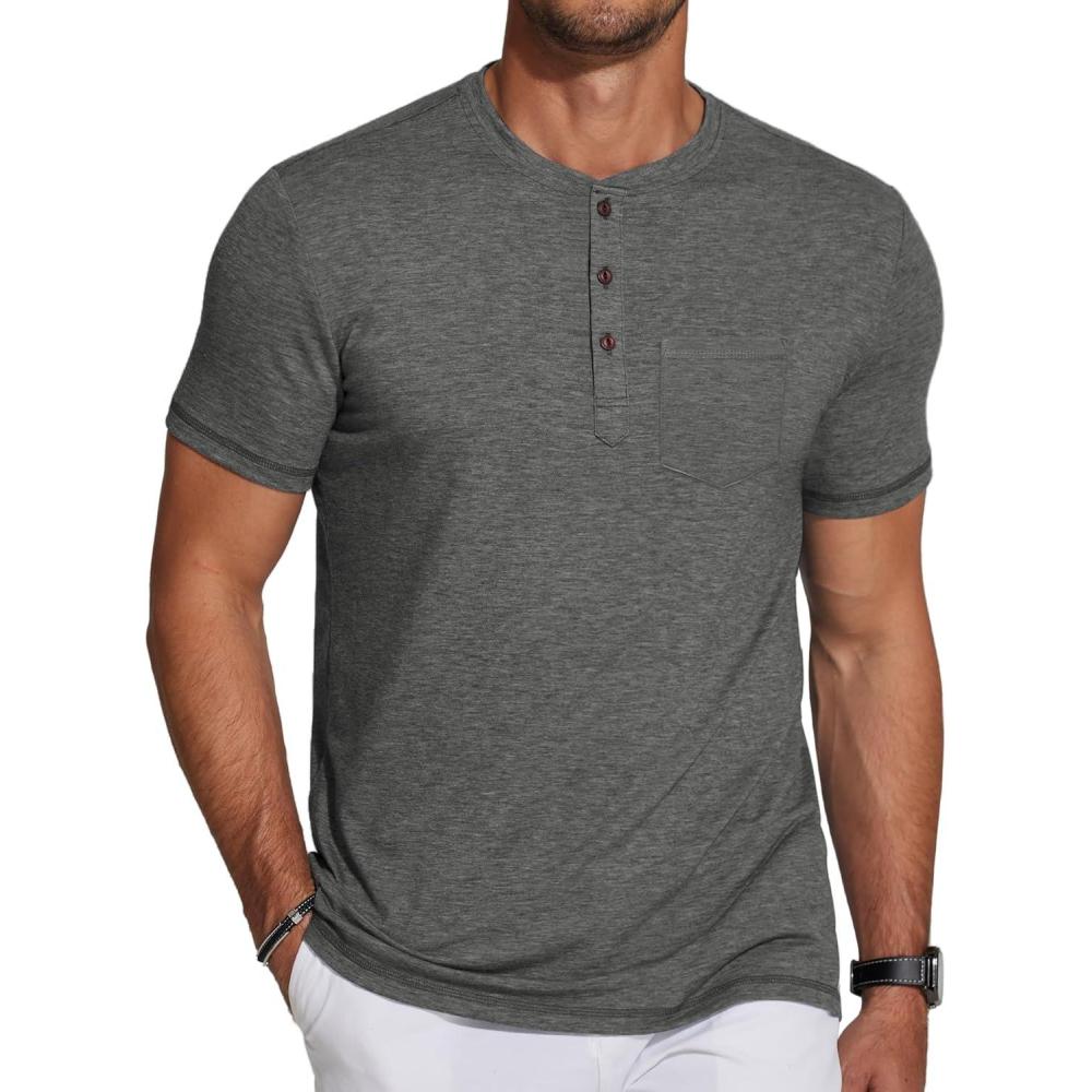 imageCOOFANDY Mens Short Sleeve Henley TShirtDark Grey