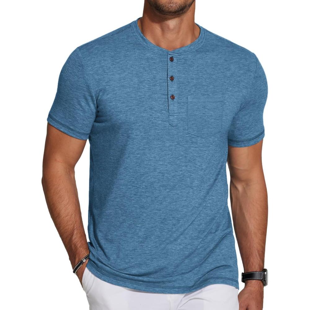 imageCOOFANDY Mens Short Sleeve Henley TShirtDemin Blue