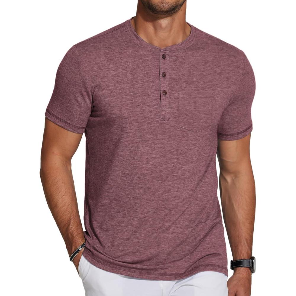 imageCOOFANDY Mens Short Sleeve Henley TShirtWine Red