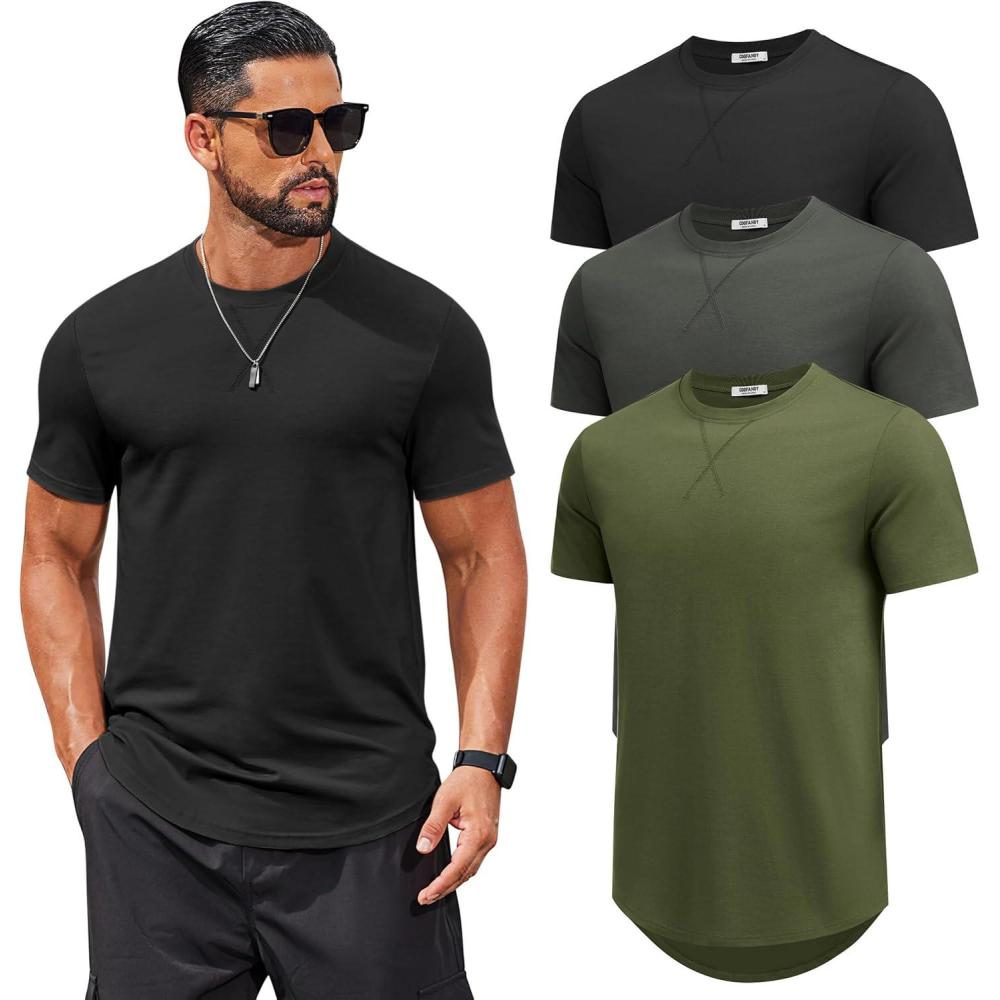 imageCOOFANDY Mens T Shirts Casual Short Sleeve Cotton Tee Shirts Hipster Hip Hop Longline TShirt Basic Summer Tops3 Pack Black Dark Grey  Army Green