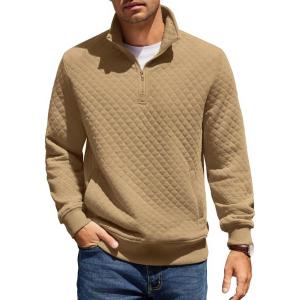 imageCOOFANDY Mens Quarter Zip Pullover Quilted Sweatshirt Knit Long Sleeve Mock Neck Sweater Polo with PocketCamel