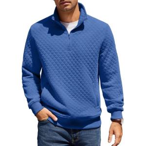 imageCOOFANDY Mens Quarter Zip Pullover Quilted Sweatshirt Knit Long Sleeve Mock Neck Sweater Polo with PocketDark Blue