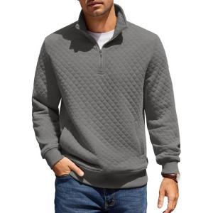 imageCOOFANDY Mens Quarter Zip Pullover Quilted Sweatshirt Knit Long Sleeve Mock Neck Sweater Polo with PocketDark Gray