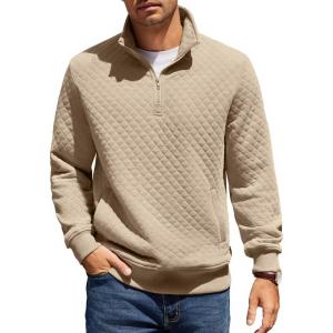 imageCOOFANDY Mens Quarter Zip Pullover Quilted Sweatshirt Knit Long Sleeve Mock Neck Sweater Polo with PocketKhaki