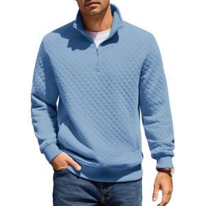 imageCOOFANDY Mens Quarter Zip Pullover Quilted Sweatshirt Knit Long Sleeve Mock Neck Sweater Polo with PocketLight Blue