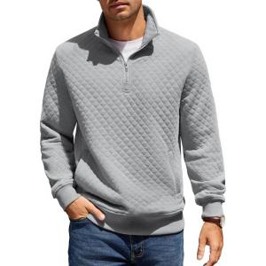 imageCOOFANDY Mens Quarter Zip Pullover Quilted Sweatshirt Knit Long Sleeve Mock Neck Sweater Polo with PocketLight Grey