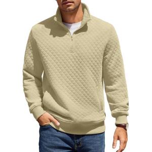 imageCOOFANDY Mens Quarter Zip Pullover Quilted Sweatshirt Knit Long Sleeve Mock Neck Sweater Polo with PocketLight Khaki