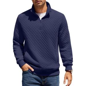imageCOOFANDY Mens Quarter Zip Pullover Quilted Sweatshirt Knit Long Sleeve Mock Neck Sweater Polo with PocketNavy Blue