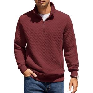 imageCOOFANDY Mens Quarter Zip Pullover Quilted Sweatshirt Knit Long Sleeve Mock Neck Sweater Polo with PocketRed