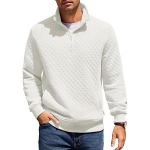 imageCOOFANDY Mens Quarter Zip Pullover Quilted Sweatshirt Knit Long Sleeve Mock Neck Sweater Polo with PocketWhite