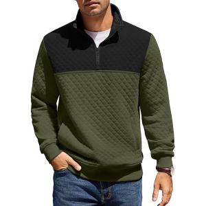imageCOOFANDY Mens Quarter Zip Pullover Quilted Sweatshirt Knit Long Sleeve Mock Neck Sweater Polo with PocketZcolor Block Army GreenBlack