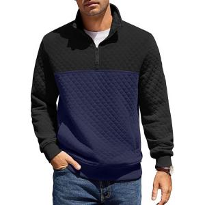 imageCOOFANDY Mens Quarter Zip Pullover Quilted Sweatshirt Knit Long Sleeve Mock Neck Sweater Polo with PocketZcolor Block NavyBlack