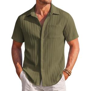 image:imageCOOFANDY Mens Casual Textured Short Sleeve Button Down Summer Beach ShirtArmy Green