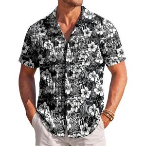 image:imageCOOFANDY Mens Casual Textured Short Sleeve Button Down Summer Beach ShirtBlackwhite Floral