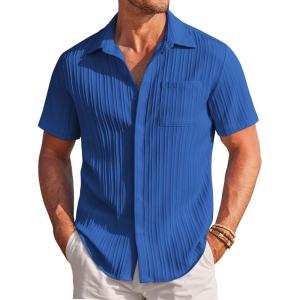 image:imageCOOFANDY Mens Casual Textured Short Sleeve Button Down Summer Beach ShirtClassic Blue