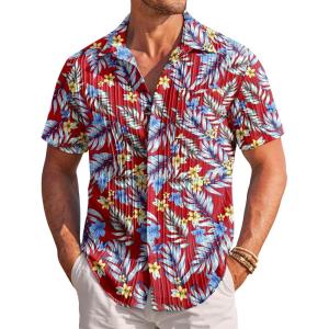 image:imageCOOFANDY Mens Casual Textured Short Sleeve Button Down Summer Beach ShirtHawaii Flowers
