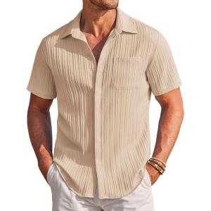 image:imageCOOFANDY Mens Casual Textured Short Sleeve Button Down Summer Beach ShirtKhaki