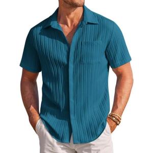 image:imageCOOFANDY Mens Casual Textured Short Sleeve Button Down Summer Beach ShirtLake Blue