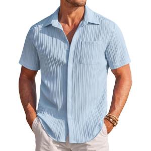 image:imageCOOFANDY Mens Casual Textured Short Sleeve Button Down Summer Beach ShirtLight Blue