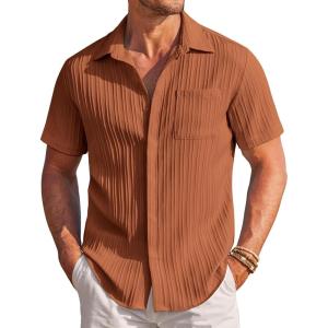 image:imageCOOFANDY Mens Casual Textured Short Sleeve Button Down Summer Beach ShirtLight Brown