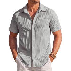 image:imageCOOFANDY Mens Casual Textured Short Sleeve Button Down Summer Beach ShirtLight Gray