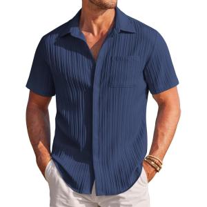 image:imageCOOFANDY Mens Casual Textured Short Sleeve Button Down Summer Beach ShirtNavy Blue