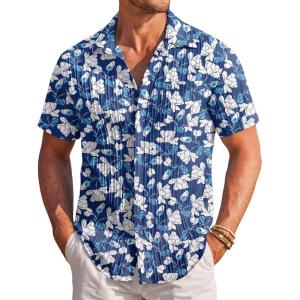 image:imageCOOFANDY Mens Casual Textured Short Sleeve Button Down Summer Beach ShirtNavy Blue Floral